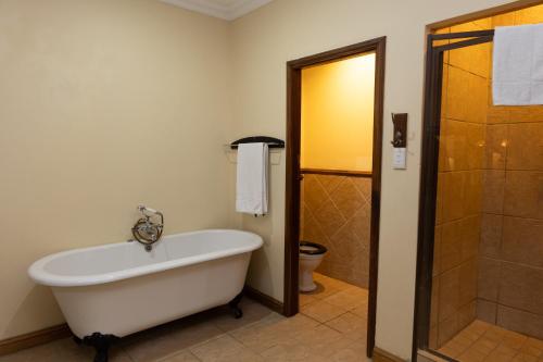 a bathroom with a bath tub and a shower at Premier Resort Mpongo Private Game Reserve in Macleantown
