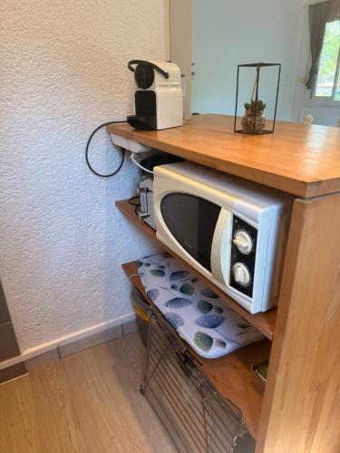 un four micro-ondes installé au-dessus d'une étagère dans l'établissement Studio Plage & Soleil, à Canet