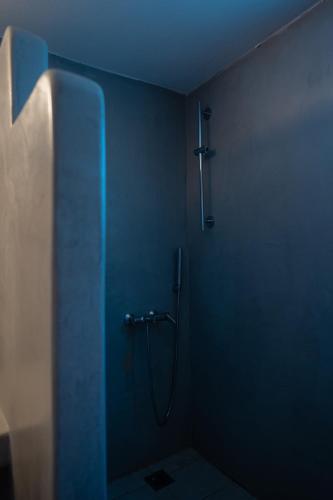 a bathroom with a shower in a blue room at Luxury Central Beach House in Kithnos