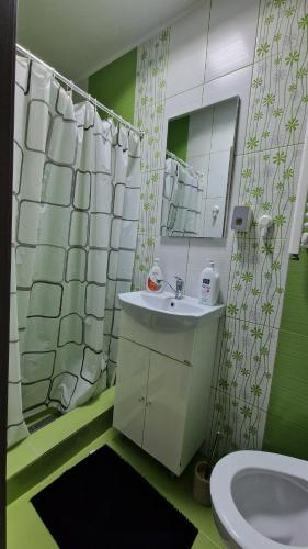 a bathroom with a sink and a toilet and a mirror at MMT SweetHome Sud in Ploieşti