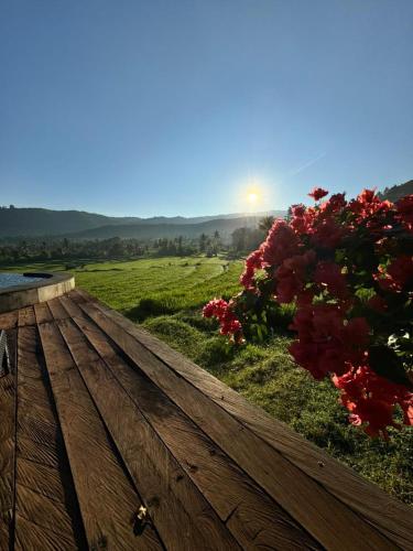 a view from a wooden deck with red flowers at MAYURA BALI VILLA in Munduk