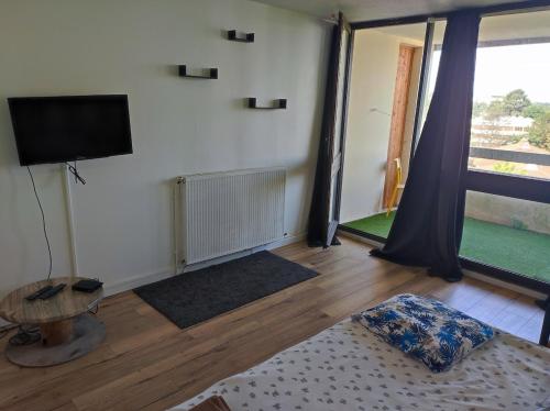 ein Wohnzimmer mit Flachbildfernseher und Tisch in der Unterkunft Appartement spacieux et lumineux, idéalement situé in Pessac