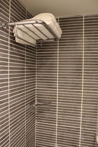 a shower with a towel rack in a bathroom at Nomi Suites Marina Herzelia in Herzelia 