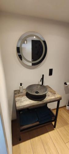 a bathroom with a sink and a mirror on a table at Vacation on the farm in Lanaken