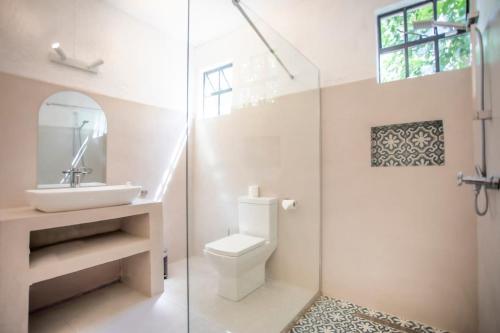 a bathroom with a toilet and a sink and a shower at Villa Céleste - 4 Bedrooms in Central Tamarin in Tamarin