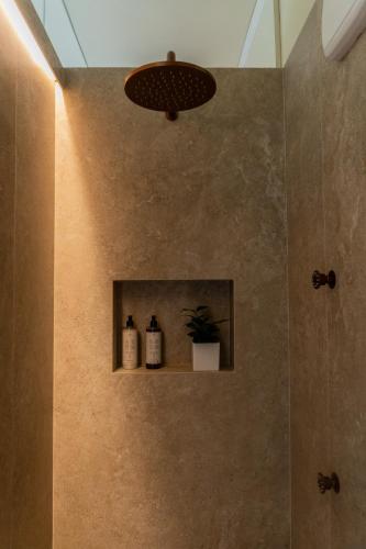 a bathroom with a shower with a shelf with two bottles at Villa Margherita in Padova