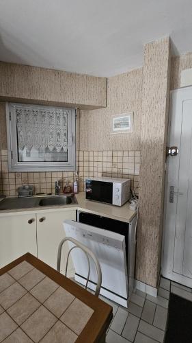La cuisine est équipée d'un lave-vaisselle et d'un four micro-ondes. dans l'établissement Maison 30m2 Wifi 9mn à Pied Plage Présidents Draps fournis pour le lit, à Les Sables-dʼOlonne