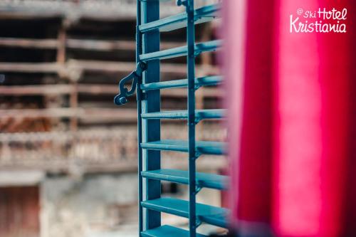 a blue metal ladder next to a red object at Kristiania Small Dolomites Hotel in Selva di Val Gardena