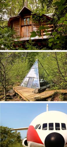 deux photos d'un avion et d'une cabine en bois dans l'établissement La Ferme Aventure, à La Chapelle-aux-Bois