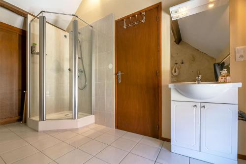 une salle de bain avec une douche, un lavabo et un miroir dans l'établissement Domaine des Grands Bois Privatisé, 9 chambres, 18 personnes, salle de jeux, piscine panoramique privée et chauffée, à Sergeac