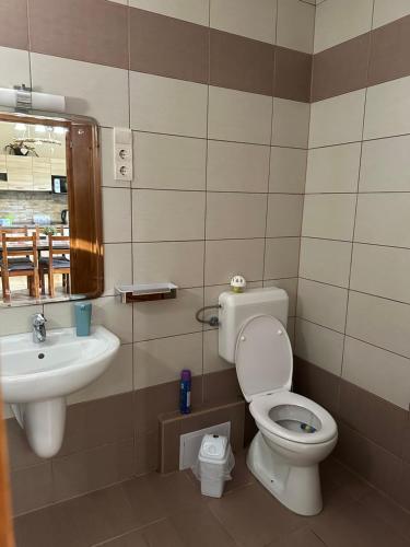 a bathroom with a toilet and a sink at Kislőd Apartman in Kislőd