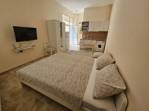 a small room with a bed and a kitchen at Апартаменти Кастро2-Castro Apartments2 in Tsarevo