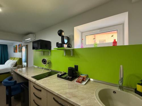 a kitchen with a green wall and a sink at Eclectic 6 in Satu Mare