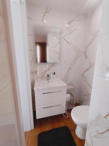 a white bathroom with a sink and a toilet at Willa Barbara in Tupadła