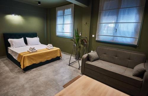 a bedroom with a bed and a couch and windows at Bari in Acropolis in Athens