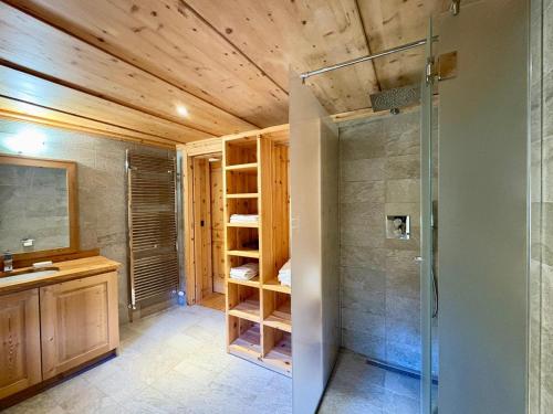 a bathroom with a shower and a glass shower stall at Casa Bavo in Gerola Alta