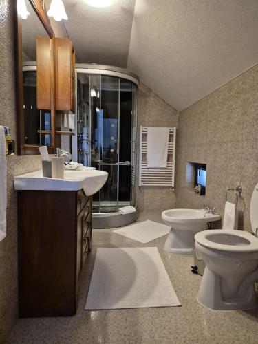a bathroom with two sinks and a toilet and a shower at Pensiunea Select in Curtea de Argeş