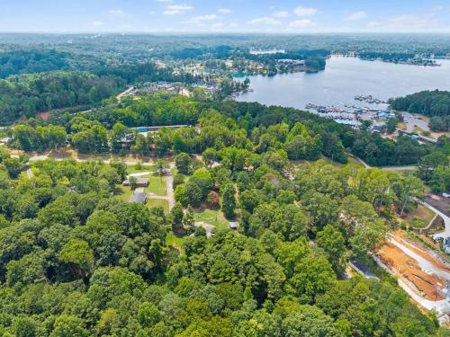 an aerial view of a park next to a lake at The Landing Spot in Seneca
