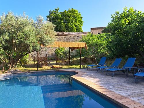 une piscine avec des chaises bleues et une terrasse dans l'établissement Le Chant des Tongs - La Canopée, à Salazac