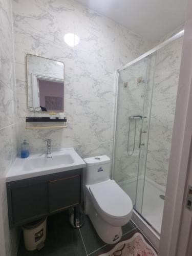 a bathroom with a toilet and a sink and a shower at Comfy Rooms Close to Airport in NWI