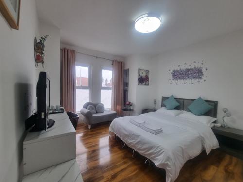 a bedroom with a bed and a television in it at Comfy Rooms Close to Airport in NWI