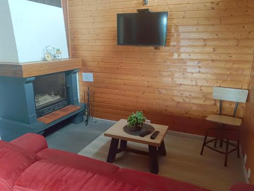 salon z czerwoną kanapą i kominkiem w obiekcie Chalet idéal 4-8 pers avec garage 20 mn Gérardmer w mieście Vienville