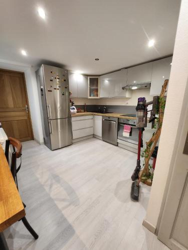 a kitchen with stainless steel appliances and wooden floors at Maisonnette in Lathuile