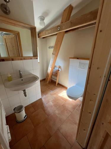 a bathroom with a toilet and a sink at Pension Bäumi-Hof in Seehausen