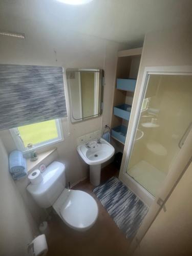 a bathroom with a toilet and a sink and a shower at Seascape Holiday Caravan in Tunstall