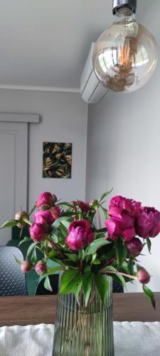 a vase filled with pink roses sitting on a table at ILLU Resort in Orhei