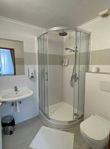 a bathroom with a shower and a toilet and a sink at Hotel U Radnice Aš in Aš