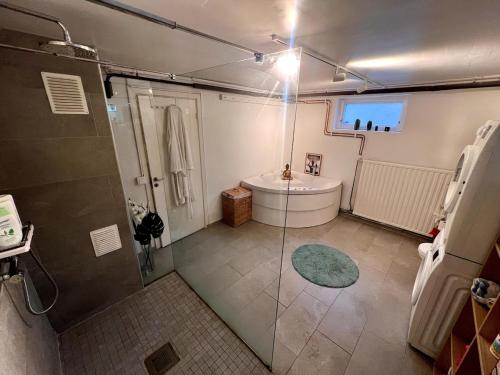 a bathroom with a shower and a tub and a sink at Stylish Villa, Terrace & Garden in Ljungby