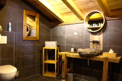 a bathroom with a sink and a mirror and a toilet at Chambres et Tables d'Hôtes Le Choton à Nono - Col du Joly Beaufortain in Hauteluce