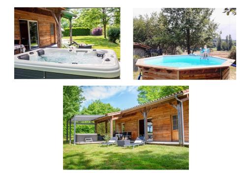 a collage of pictures of a pool and a house at Chalet Cèdre - Les Chalets de Barruérot - Spa jacuzzi privatif in Peyrusse-Grande