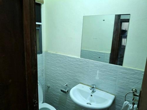 a bathroom with a sink and a toilet and a mirror at Lagos Luxury Residence Opebi in Ikeja