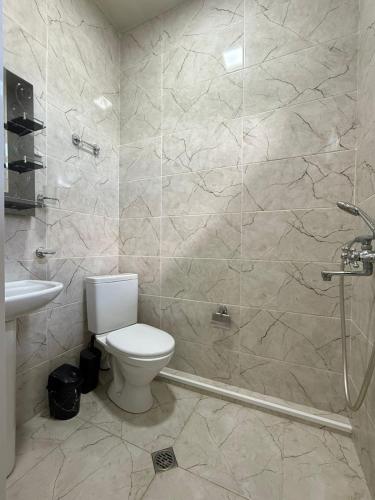 a bathroom with a white toilet and a shower at Petra Tsikhisdziri in Ts'ikhisdziri