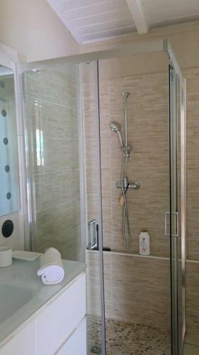 a shower with a glass door in a bathroom at Villa Kowosol in Le Marin