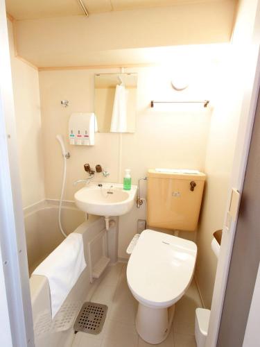a small bathroom with a toilet and a sink at N's Hotel 平和公園 in Hiroshima