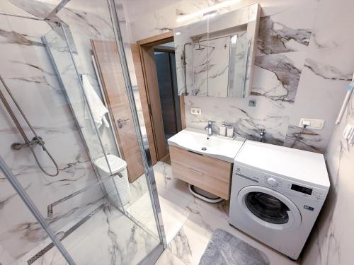 a bathroom with a sink and a washing machine at L Apartment II in Maribor