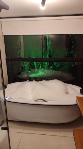 a bath tub in front of a fish tank at Chalé Vale dos Vagalumes, Gonçalves, Minas Gerais in Gonçalves