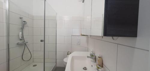 a bathroom with a shower and a sink and a toilet at Victorias Apartment in Graz