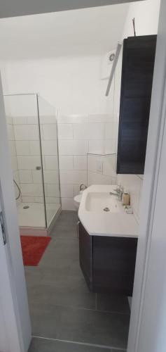 a bathroom with a white sink and a shower at Victorias Apartment in Graz