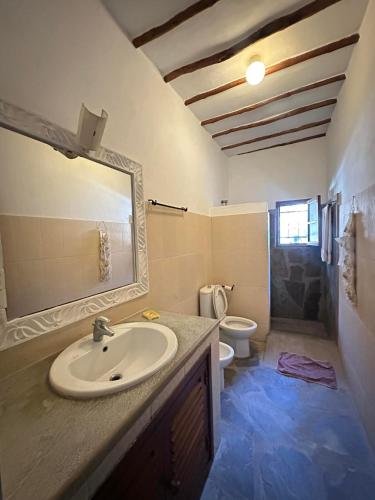 a bathroom with a sink and a toilet and a mirror at Rafiki Villa in Mombasa