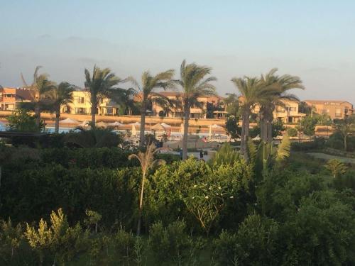 a view of a resort with palm trees and a pool at Townhouse for rent in marassi isola 0 in El Alamein