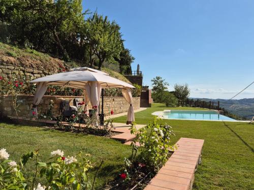a garden with an umbrella and a swimming pool at Castellinuzza in Greve in Chianti