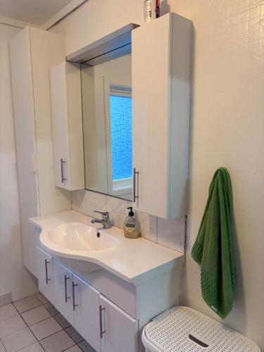 a bathroom with a sink and a mirror and a toilet at Apartment in Bergen-Free parking & Air Conditioning in Bergen