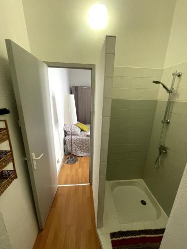 łazienka z prysznicem ze szklanymi drzwiami i sypialnia w obiekcie Appartement w mieście Uzès
