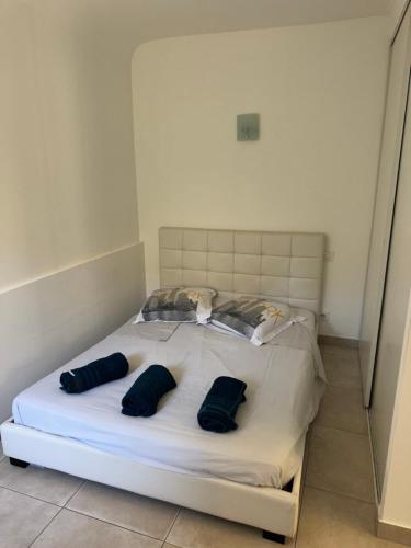 - un lit blanc avec des oreillers bleus dans l'établissement Agréable 2 pièces en ville comme à la campagne, à Nice