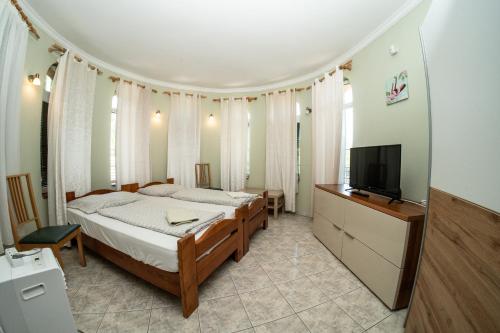 a bedroom with a bed and a flat screen tv at Villamerica in Miskolctapolca