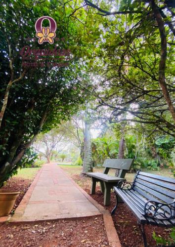 a park bench sitting next to a walking path at Orquideas Hotel & Cabañas in Puerto Iguazú